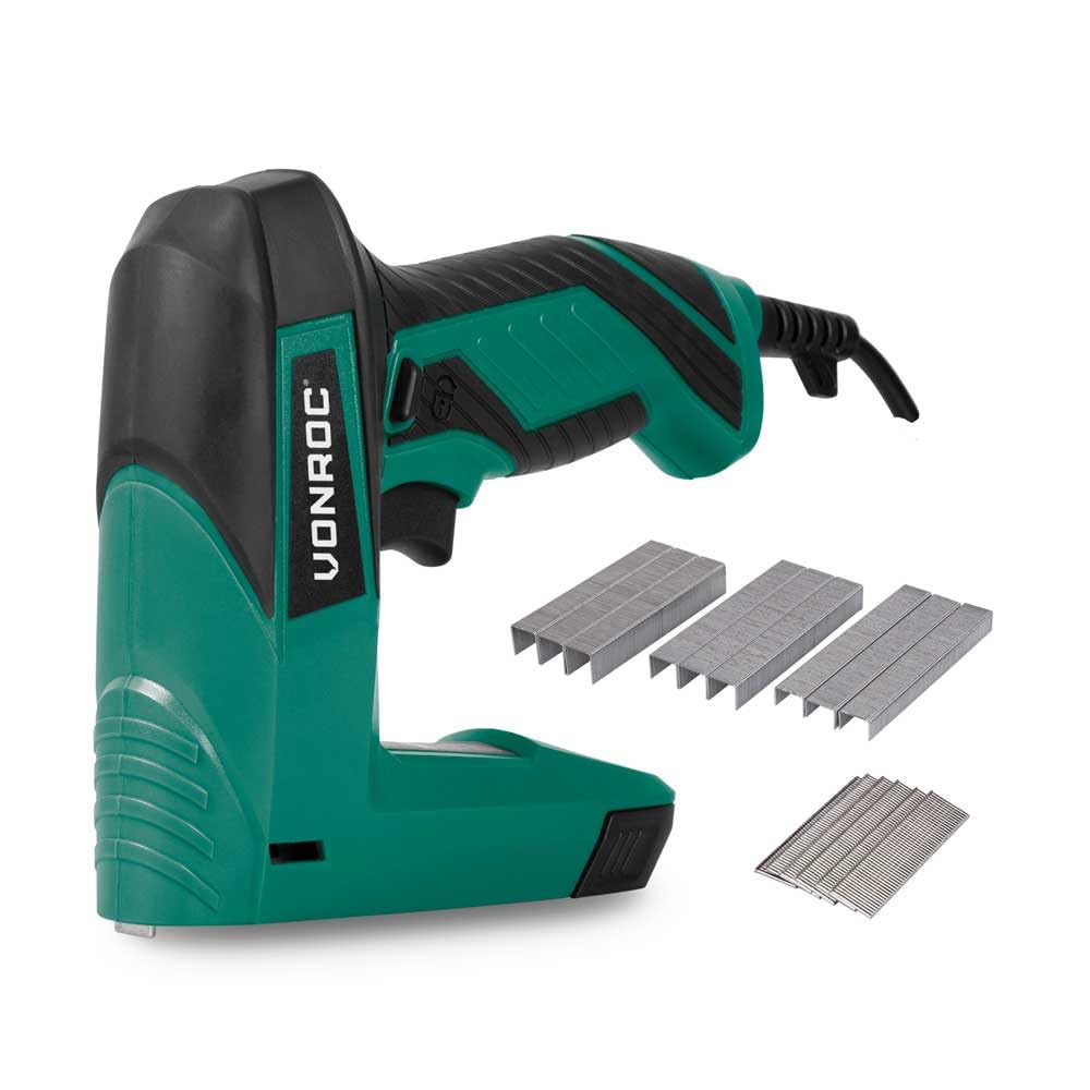 VONROC Grapadora Eléctrica - 230V – Herramienta Profesional para Tapicería y Bricolaje, Incluye Grapas y Clavos