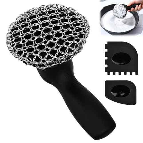 Huucozn Cepillo de Acero Inoxidable para Ollas | Cepillo para Limpiar Sartenes y de Hierro Fundido y Parrillas - con Mango/Rascadores | Cepillo de Cocina para Fregar Platos Ollas Cadenas
