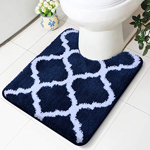 Olanly Luxury Bathroom Rugs Microfiber Oval U-Shaped Contoured Mat for Base of Toilet, Machine Wash and Dry, Non-Slip Absorbent Shaggy Contour Carpet Mats for Bathroom Toilets 20" x 24", Navy