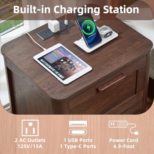 Image of Joaxswe Farmhouse Night Stand with Charging Station, End Tables Bedroom with 2 Large Drawers & 4 Thickened Table Legs, Walnut