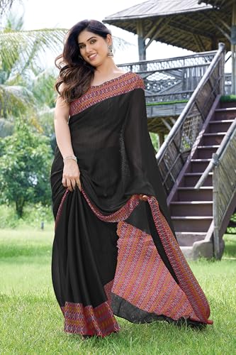 Image of MIRCHI FASHION Saree for Woman Chiffon Georgette Polka Dot Border | Plain Lightweight Women's Sari with Printed Pallu and Blouse Piece