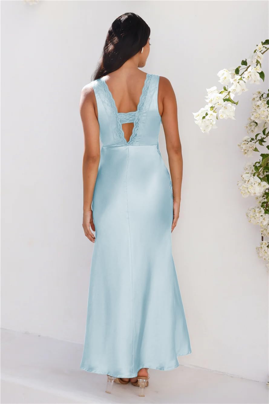 BAGONE Summer Satin Lace V Neck Backless Wedding Guest Maxi Dresses for Women Elegant Sleeveless Open Back Cocktail Dress - Image 5