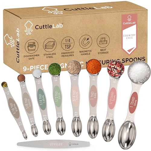 CuttleLab Magnetic Measuring Spoons Set - Stainless Steel, Double Ended, Stackable & Nested Design for Dry and Liquid Ingredients, Ideal for Spice Jars, 9-Piece Set with Leveler (Country Chic)