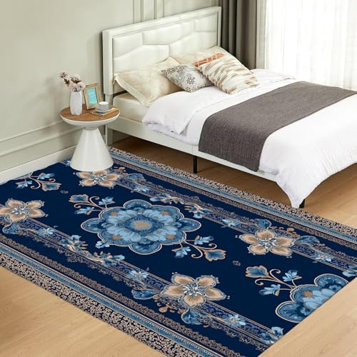 Tapis fleurs ethniques de tradition orientale bleu marine premium - 5
