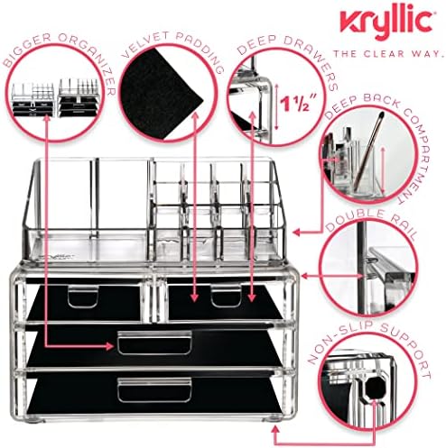 Acrylic Makeup Jewelry Vanity Organizer - Clear lipstick Make up brush display case container for beauty products! 16 slot 4 box drawers holder storage earring and other cosmetic items for bathroom!