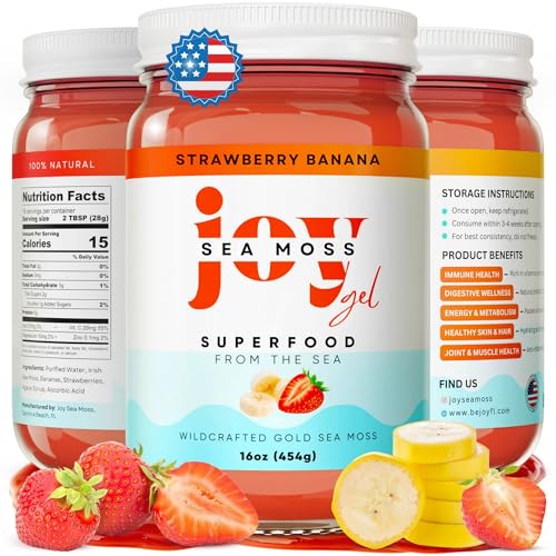 Joy Sea Moss Wildcrafted Irish Sea Moss Gel 16 oz | Made in USA | Gold Seamoss Superfood | Rich in Vitamins & Minerals | Real Fruit | Nutritional Supplement | Strawberry Banana