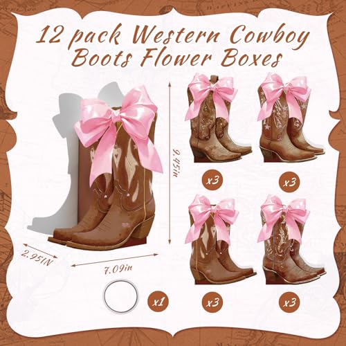 Image of 12 Set Brown Western Cowboy Bow Boots Flower Boxes Centerpiece Boot Shape Gift Boxes Western Party Decoration Vase Centerpiece for Table Boots for Rodeo Birthday Baby Shower Wedding Supplies