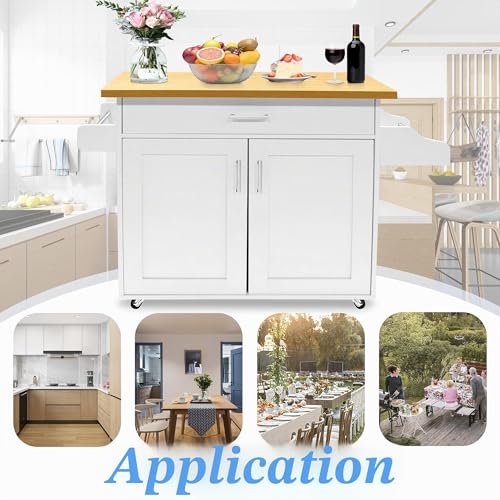 FIVMEN Chariot de cuisine Armoire de cuisine avec roulettes et plan de travail Chariot de service Îlot de cuisine en bois avec porte-serviettes et étagère à épices Armoires de cuisine mobiles Chariot – vue 4