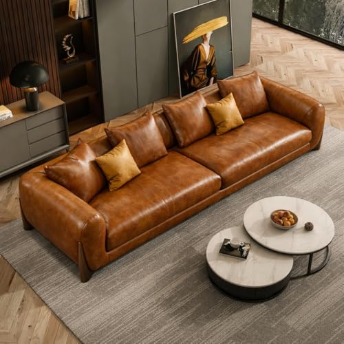 Image of Modern Sofa, Teddy Fabric, Chesterfield Style, Wooden Legs, for Living Room, Bedroom, Hallways (3+1+Ottoman, Tan Leatherette)