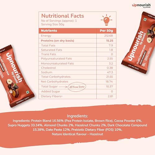 Image of Upnourish by Pluckk | 15G Plant Protein Bar | Cocoa Hazelnut | No Preservative | No Added Sugar | Gut Friendly (Pack of 12) - 300G