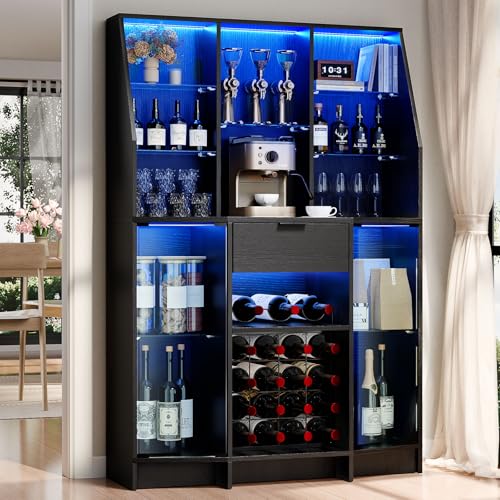 59.05" Wine Bar Cabinet W/ LED Lights & Tempered Glass Door, Home Bar Liquor Storage Cabinet With 16 Grid Wine Glass Rack & Adjustable Shelves,Coffee Cabinet with Drawer for Living Room, Dining Room
