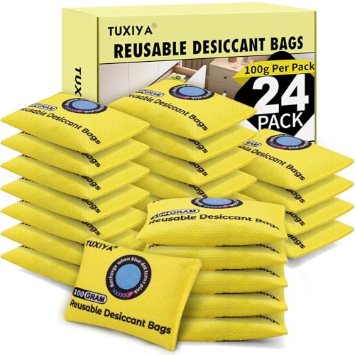 TUXIYA 24Pack(100g Each) Rechargeable Silica Gel Desiccant Packets,Color Indicating Desiccant Packs