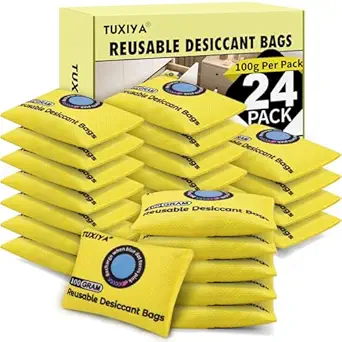 24Pack(100g Each) Rechargeable Silica Gel Desiccant Packets,Color Indicating Desiccant Packs for Storage,Moisture Absorbers for Storage Bins,Suitcase,Safes,3D Filaments,Wet Zones and Cars