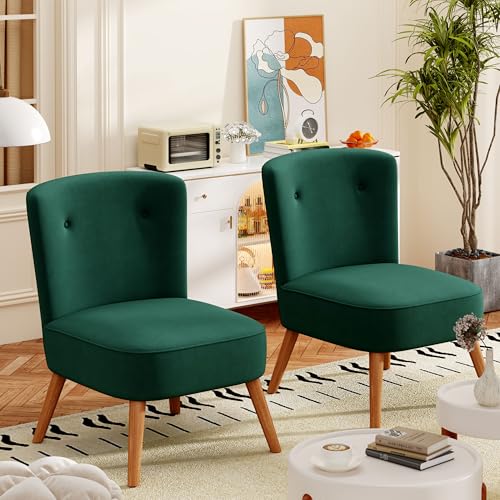 POINTANT Velvet Accent Chair Set of 2,Mid Century Living Room Chairs with Wooden Legs,Comfy Armless Chair Wingback Reading Side Chair for Bedroom,Green