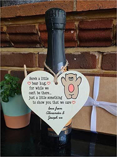 Personalised Handmade Wooden Hanging Heart Plaque Gift heres a little bear hug for while we can't be there miss you long distance wall hanger cute rainbow design for family friends grandparents