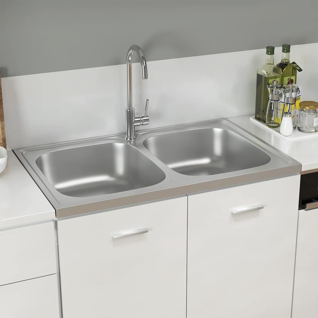 vidaXL Fregadero de Cocina Doble Seno, Pila Encima de Armario, Pileta de Cocina Superior, Lavabo Decorativo para Hogar, Acero Inoxidable