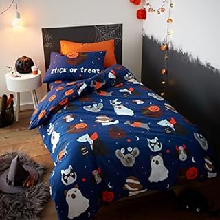 Catherine Lansfield Bedding Halloween Dogs Glow in the Dark Single Duvet Cover Set with Pillowcases Blue