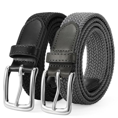 LEACOOLKEY 2 Pack Men’s Braided Elastic Belts Casual Stretch Woven Golf Belts for Jeans Pants， Black+Grey with silver buckle 1.18" wide