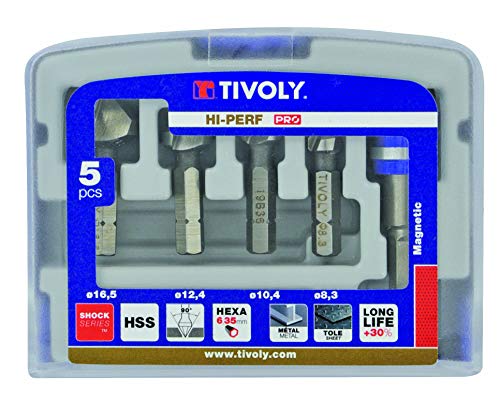 Coffret TIVOLY de 4 fraises à noyer HSS à 90° hexa Ø 8,3 à 16,5 mm + 1 porte embout