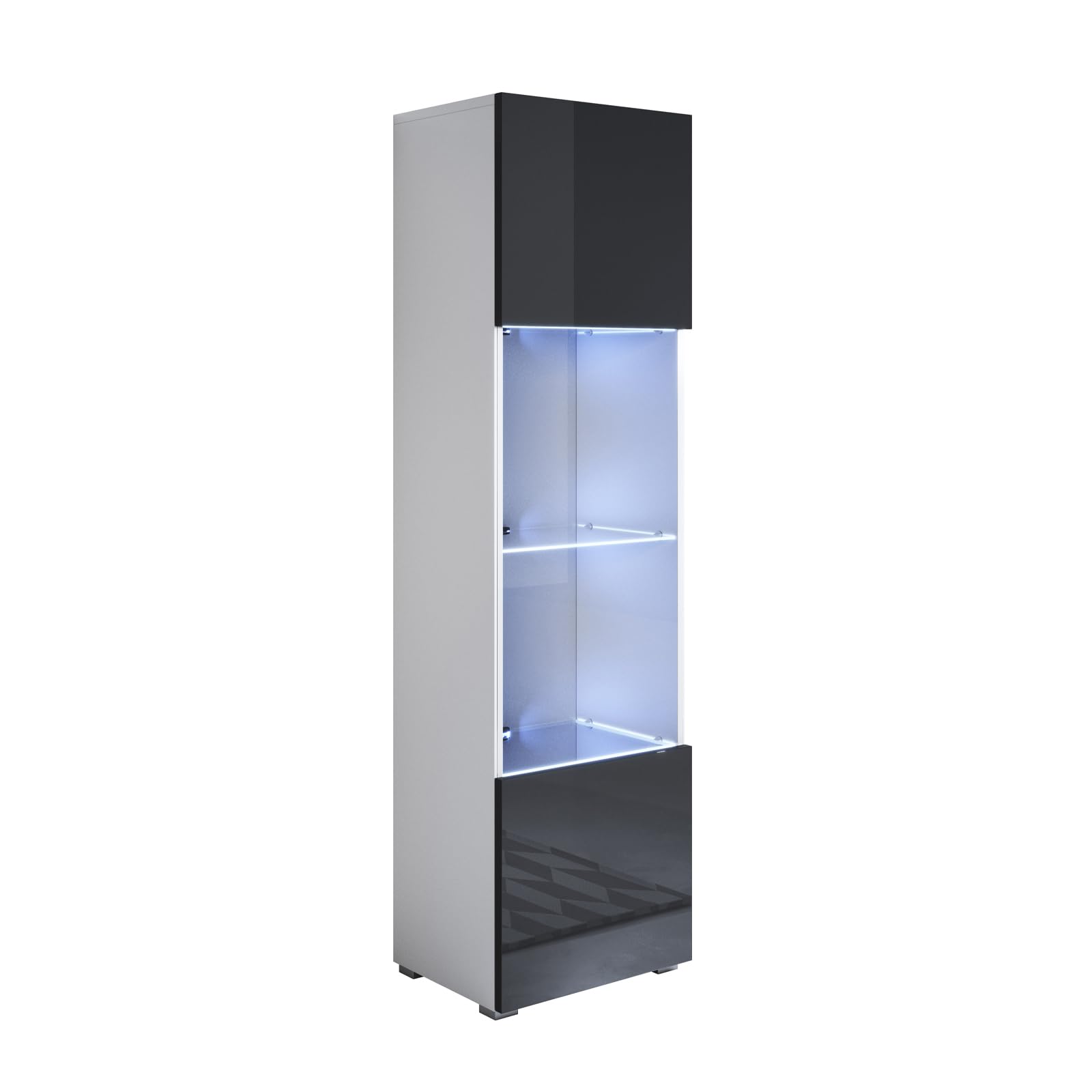 MB Muebles Bonitos | Vitrinenschrank Luke V6 | Breite 40 x Höhe 167 x Tiefe 29 cm | Glänzendes Melamin | Mit Standardfüße | Weiß und Schwarz