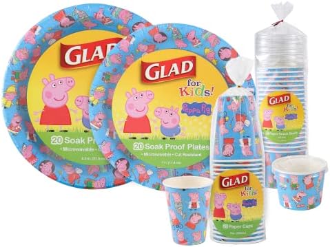 Glad for Kids Peppa Pig I Can Be Anything Disposable Dining Supplies | Bundle Includes Paper Plates, Paper Snack Bowls, and Paper Cups in Peppa Pig Design | Heavy Duty Disposable Tabletop