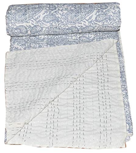 YUVANCRAFTS Handmade Paisley Screen Print Kantha Quilt Pure Cotton Traditional Print Queen Quilt Blanket Bedspreads Throw