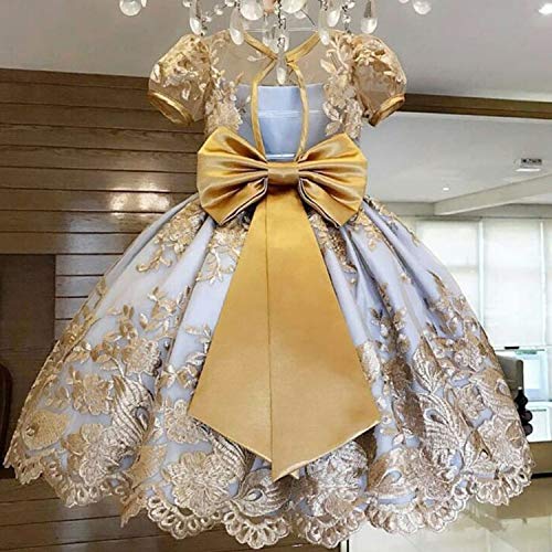 NNJXD Girl Flower Printed Cotton Elegant Tulle Bow Belt Princess Dress2