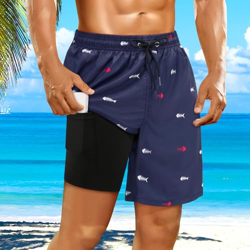 Mens Swim Trunks with Compression Liner Mens Bathing Suit 7 Inch Inseam Quick Dry Men's Board Shorts Men's Swimwear Men