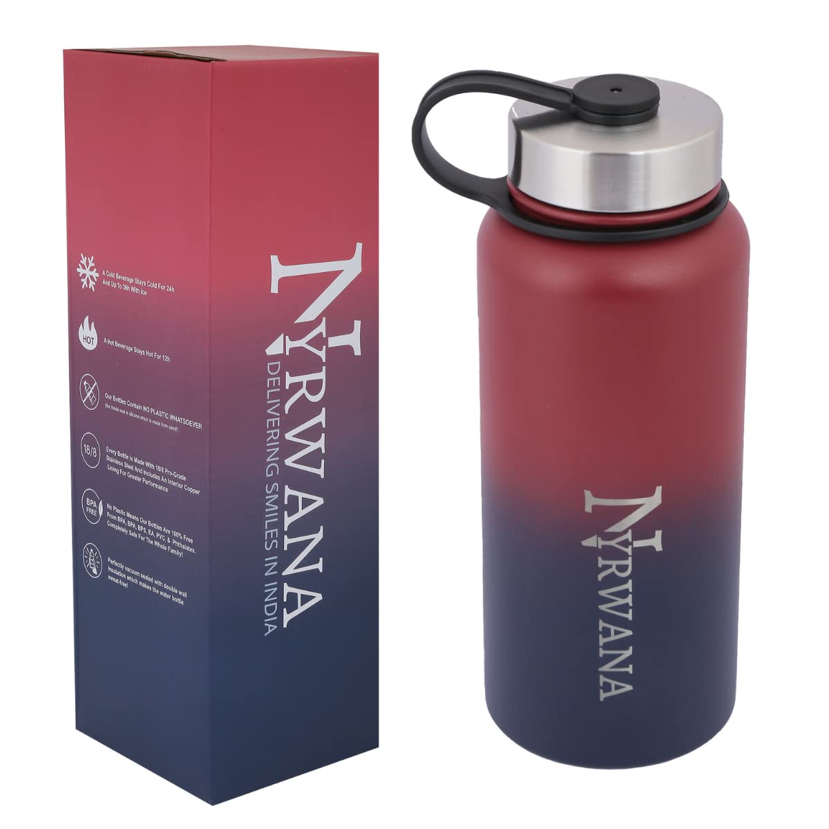 NYRWANA DELIVERING SMILES IN INIDA Water Bottle, Stainless Steel Water Bottle 1 Litre with Cleaning Brush, 3 Lids & 1 Straw, Vacuum Insulated Double Walled Flask Bottle