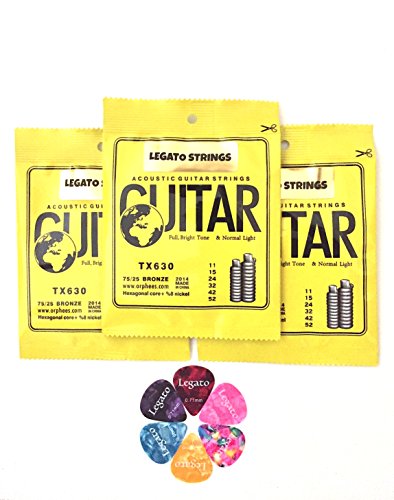 Legato Acoustic Guitar Strings Set (3 Pack) Phosphor Bronze 75/25 Normal Light 11-52 with 6 Assorted Picks Bundle for Acoustic and Electric Acoustic Guitars