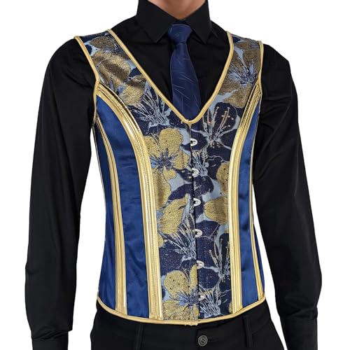 Men Corset Vest Lace Up Bones Dress Waistcoat Medieval Blue Print Tight Fitting Stage Wedding4