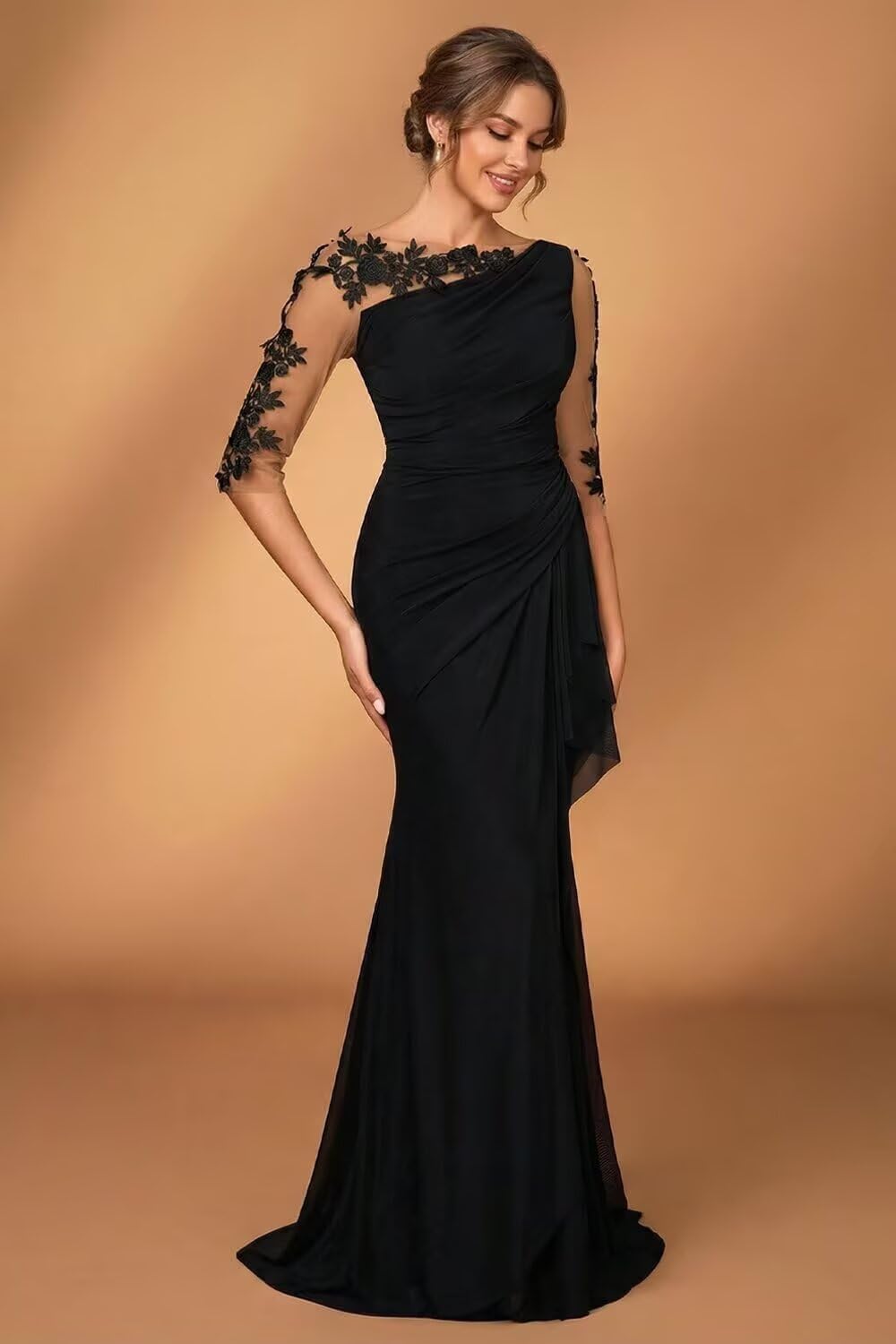 AKLASU Chiffon Mother of The Bride Dresses for Women Lace Applique Ruffle 3/4 Sleeve Mother of the Groom Dresses