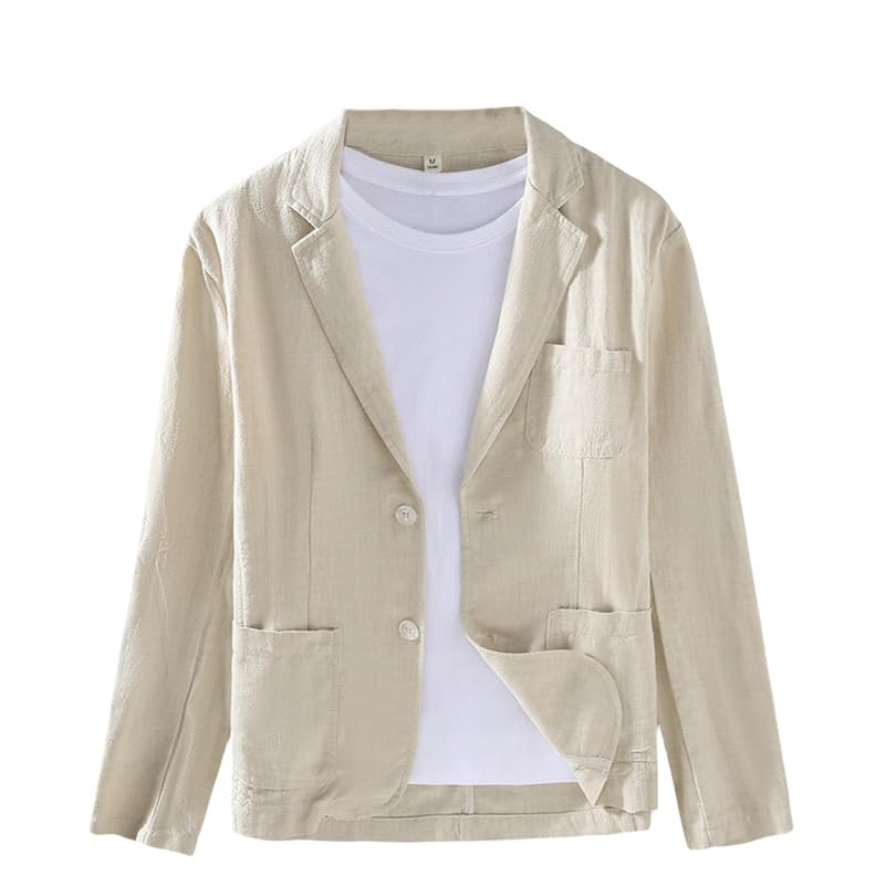 Men's Japanese Style Notched Lapel Casual Ramie Versatile Young Loose Fit Business Cotton Linen Blazer Jacket