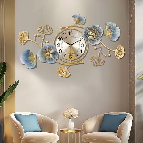 Lafocuse Silent 33x19 Inch Metal Unique Luxury Ginkgo Leaf Wall Clock Battery Operated, Mordern Art Deco Large Blue and Gold Wall Clocks, Wall Decor for Living Room Kitchen Office