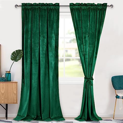 Hiasan Green Velvet Blackout Curtains 120 inches, 2 Panels, 52W x 120L