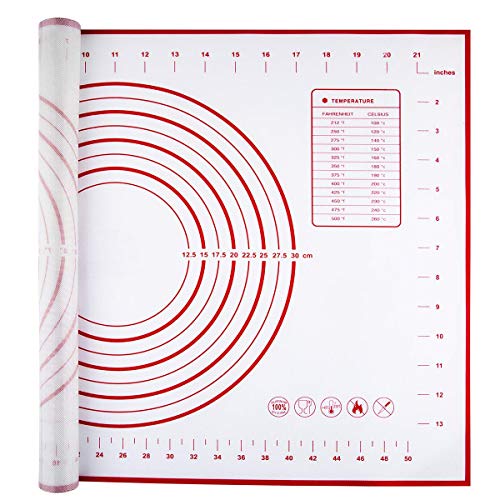 Coolnice Silicone Pastry Mat Extra Large Non Slip with Measurements Non Stick Dough Rolling Mat Silicone Pie Crust Mat For Fondant Pizza and Cookies 24x16 inch Red