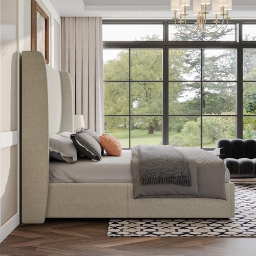 AMERLIFE Lift Up Storage Bed Queen Size Linen Upholstered Platform Bed Frame, Hydraulic Storage,Modern Wingback Headboard, No Box Spring Needed, Khaki