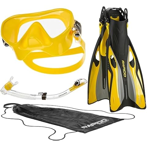 Italian Design Premium Tempered Glass Lens Anti-Fog Panoramic View Frameless Snorkel Mask, Elite Dry Snorkel Tube, Adjustable Fins - Mask Fin Snorkel Set Cover