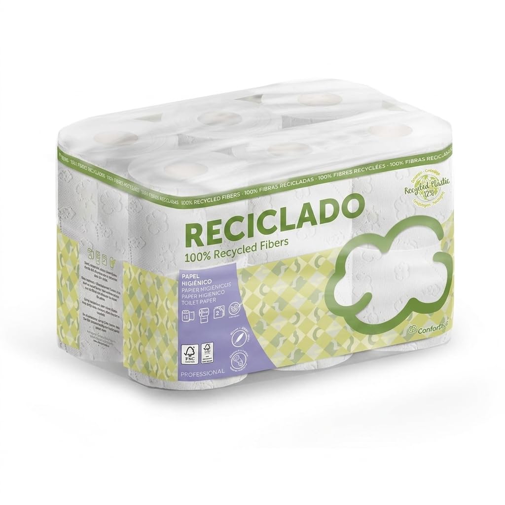 Pack 96 rollos papel higiénico 2 capas reciclado o pasta 345 servicios ecolabel FSC mandril 45 mm uso doméstico profesional hostelería hospitales colegios (Papel Reciclado)