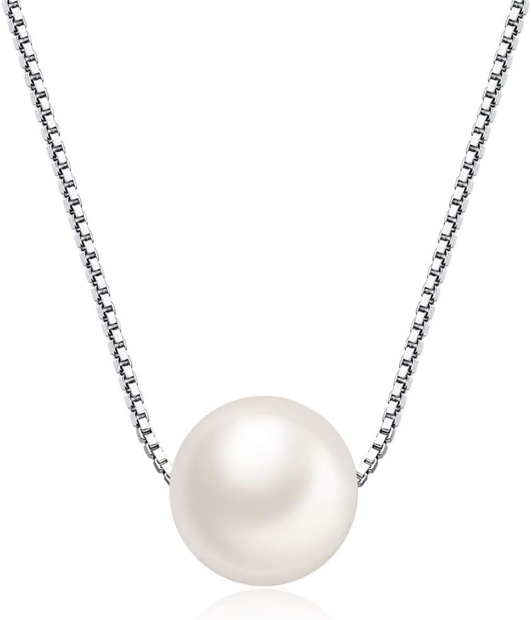 MABELLA Freshwater Cultured 8MM AAAA White Single Genuine Floating Pearl Pendant Necklace 925 Sterling Silver Jewelry Gifts for Women
