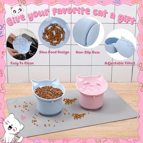 Gamelles surélevées chat anti-vomissement avec tapis silicone bleu rose
