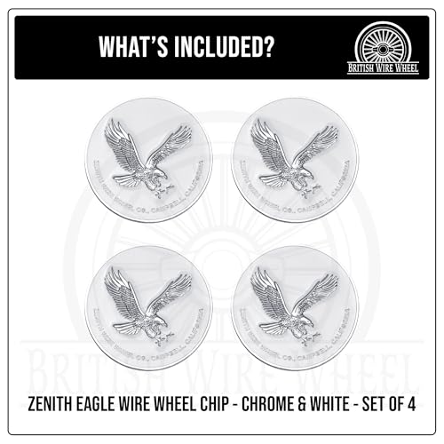Image of Zenith Eagle Chrome & White Metal Wheel Chip Emblems (Set of 4) | Triple Chrome Plated Solid Metal Wheel Chip Emblems, 2.25 inch | for Lowriders with Recessed Knock Off Spinner Caps