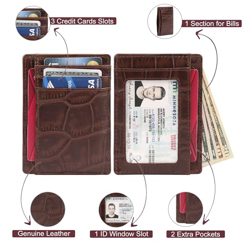 Genuine Leather Slim RFID-Blocking Card Holder – Croc-Embossed Design with 3 Card Slots, 1 ID Window, 2 Extra Pockets, and a Note Section | Unisex (Chocolate brown)4