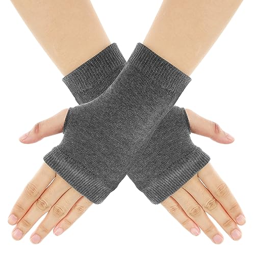 Sibba Fingerless Half Finger Gloves Winter Thick Short Stretchy Cotton Knit Mittens Wrists Knitted Thumb Hole Office Typing Phone Arthritis Unisex Women Men (Grey)