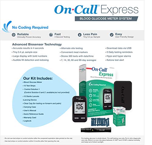 On Call Express Diabetes Testing Kit- Blood Glucose Meter, 10 Blood Test Strips, 1 Lancing Device, 30g Lancets, Control Solution, Carrying Case, Log Book, Black - Thumbnail 3