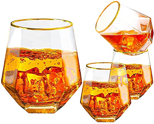 ROSEFINCH Diamond Whiskey Glasses Rocks Glasses Gold Banded Cocktail Drinkware for Rum Scotch Bourbon Wine Glasses Tumblers Elegant Glass Gift for Dad Husband Men Family Multicolor Pack of 6