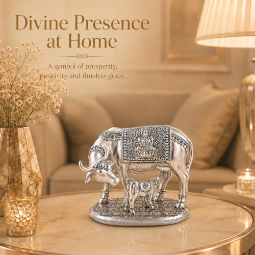 Image of DIVINITI 999 Silver Plated Kamdhenu Cow with Calf Idol | Premium Gift Box Included | Vastu Showpiece for Wealth, Prosperity & Positive Energy | Home Temple, Office & Housewarming Gift | 13.5 x 15 cm