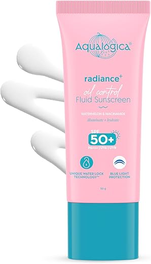 Aqualogica Radiance+ Oil Control Fluid Sunscreen for Oily Skin - 50 g | Water-like Fluid Texture | SPF 50+ PA++++ UVA & UVB Protection | Oil Free |...