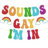 Sounds Gay I'm In Pride Banner - Pre-Strung Rainbow Glitter Happy Pride Month Banner, LGBTQ Party Decoration with Adjustable Spacing for Pride Month, Parades & Photo Backdrops