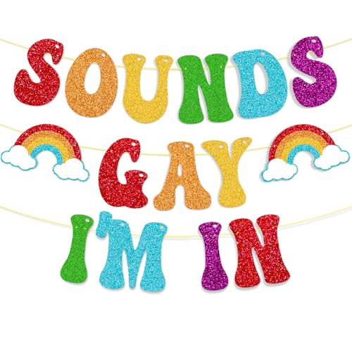 Sounds Gay I'm In Pride Banner - Pre-Strung Rainbow Glitter Happy Pride Month Banner, LGBTQ Party Decoration with Adjustable Spacing for Pride Month, Parades & Photo Backdrops